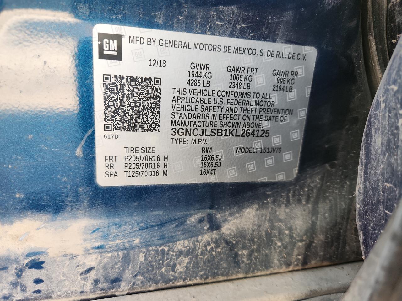 2019 Chevrolet Trax 1Lt VIN: 3GNCJLSB1KL264125 Lot: 92293265