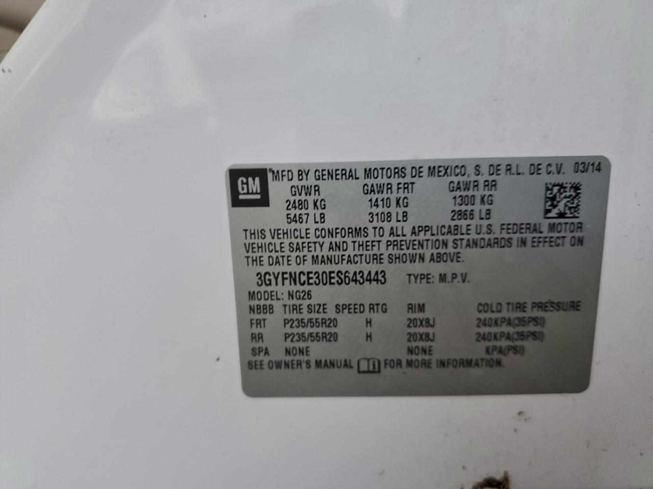 2014 Cadillac Srx Performance Collection VIN: 3GYFNCE30ES643443 Lot: 92766615