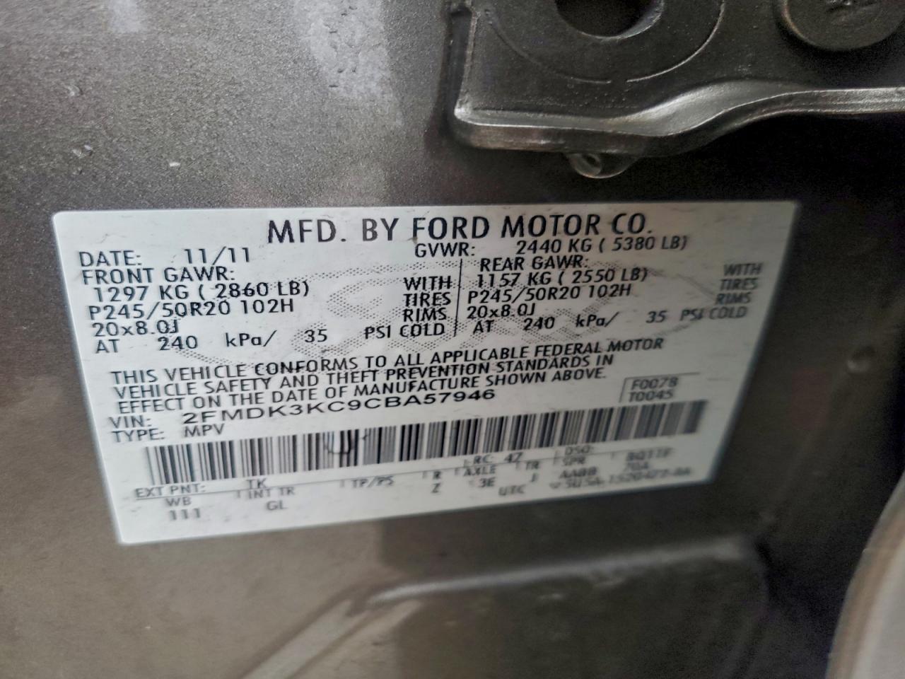 2012 Ford Edge Limited VIN: 2FMDK3KC9CBA57946 Lot: 93415665