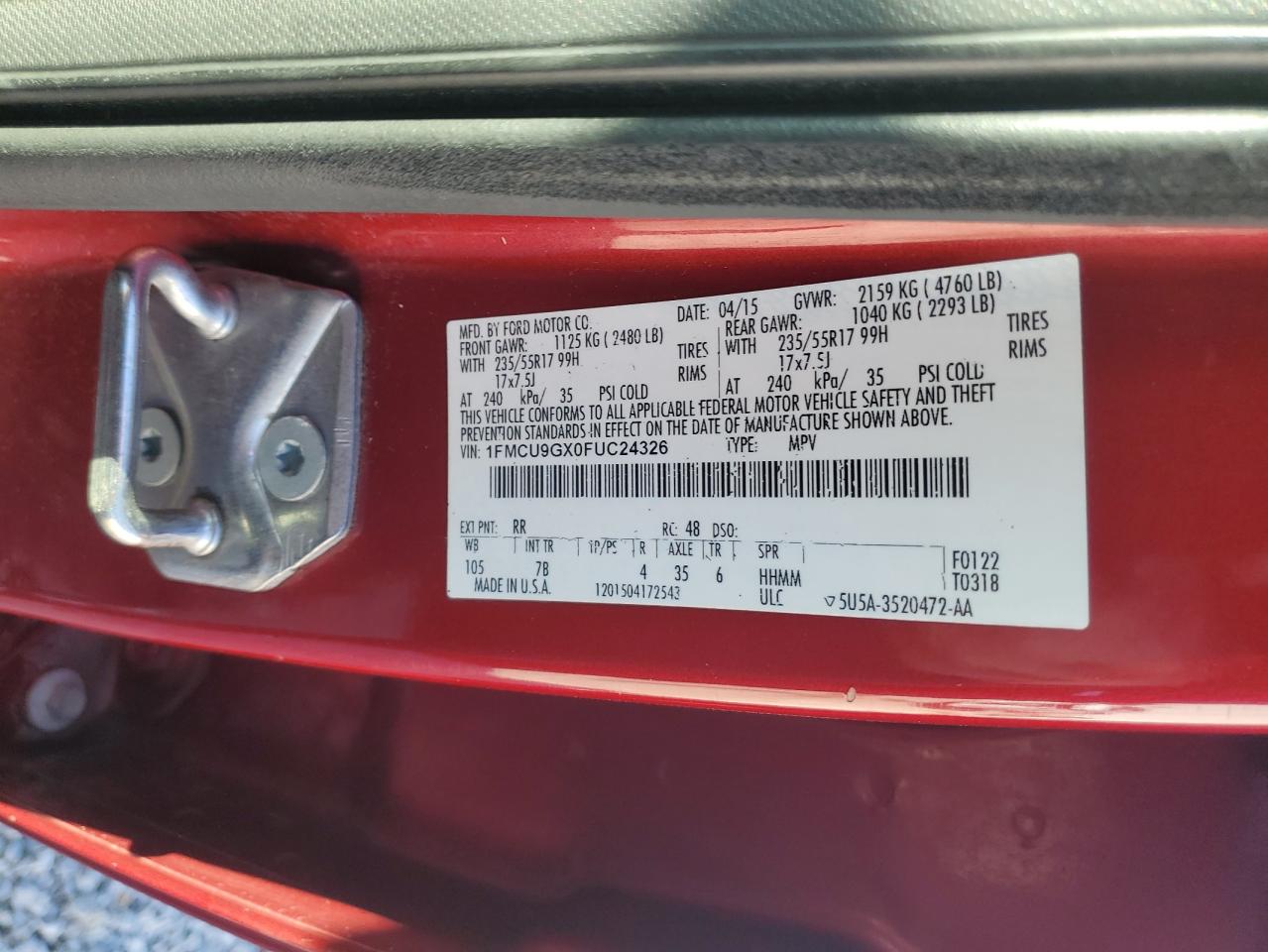 2015 Ford Escape Se VIN: 1FMCU9GX0FUC24326 Lot: 91465405