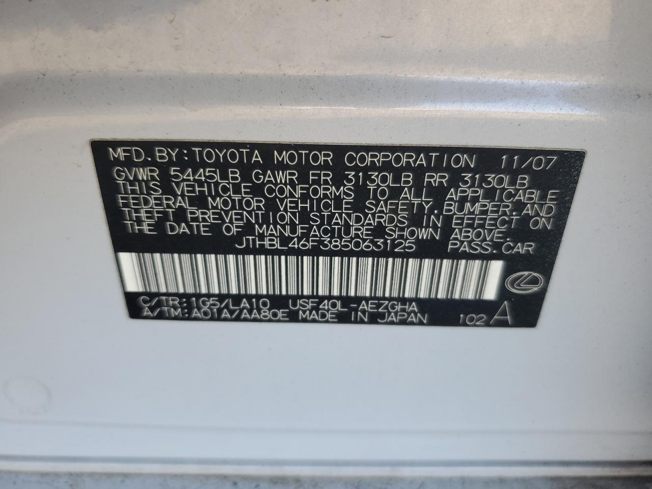 2008 Lexus Ls 460 VIN: JTHBL46F385063125 Lot: 92610155