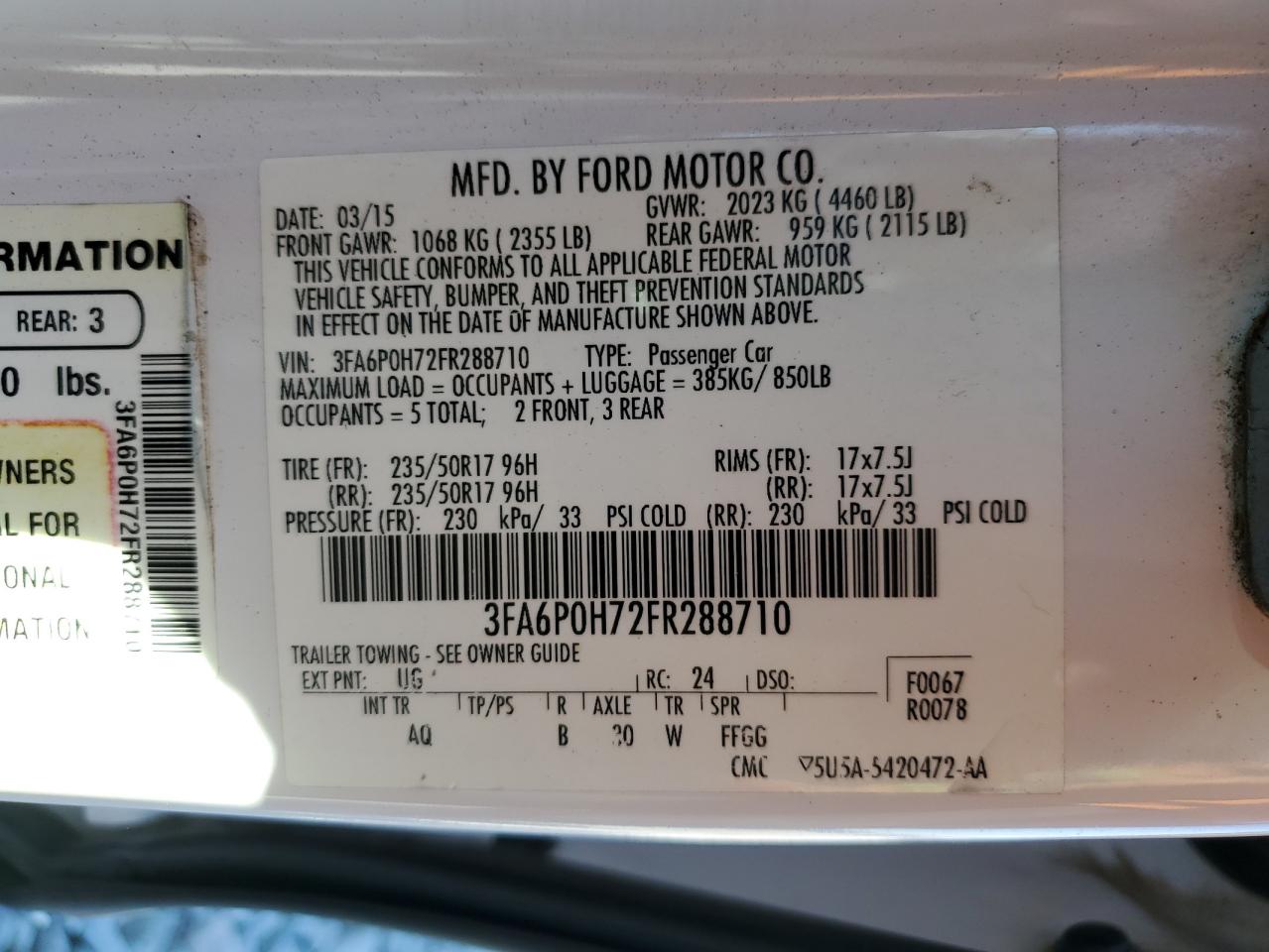 2015 Ford Fusion Se VIN: 3FA6P0H72FR288710 Lot: 93504235
