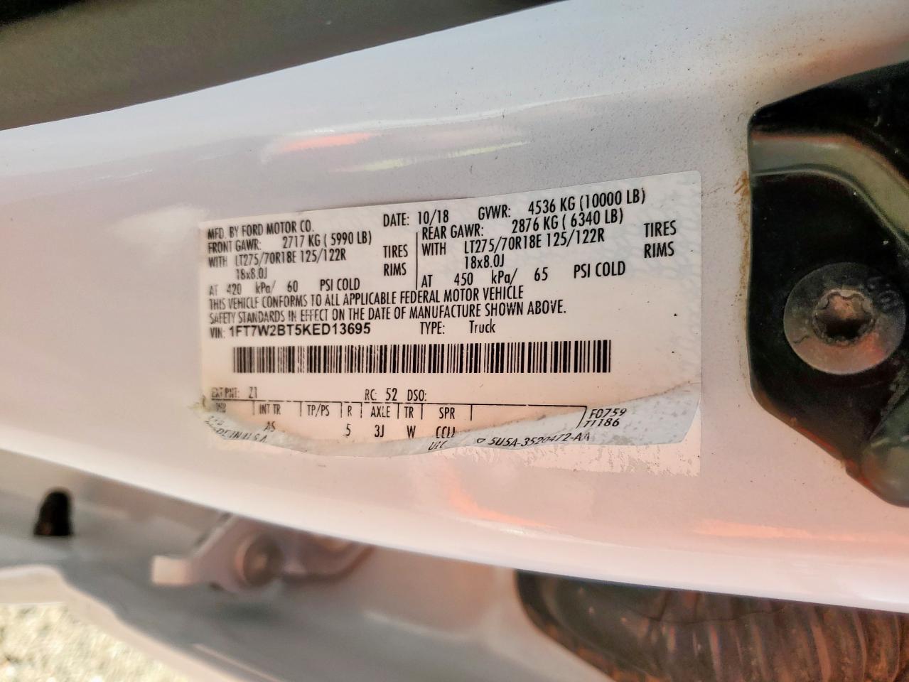 2019 Ford F250 Super Duty VIN: 1FT7W2BT5KED13695 Lot: 91598345