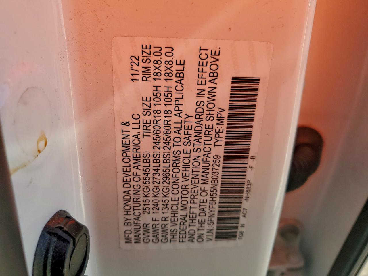 2022 Honda Pilot Exl VIN: 5FNYF5H55NB037259 Lot: 94395505