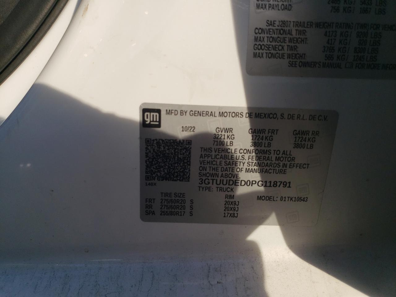 2023 GMC Sierra K1500 Slt VIN: 3GTUUDED0PG118791 Lot: 93256045