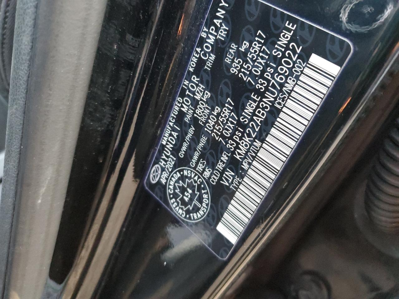 2022 Hyundai Kona Sel VIN: KM8K22AB3NU769022 Lot: 93444045