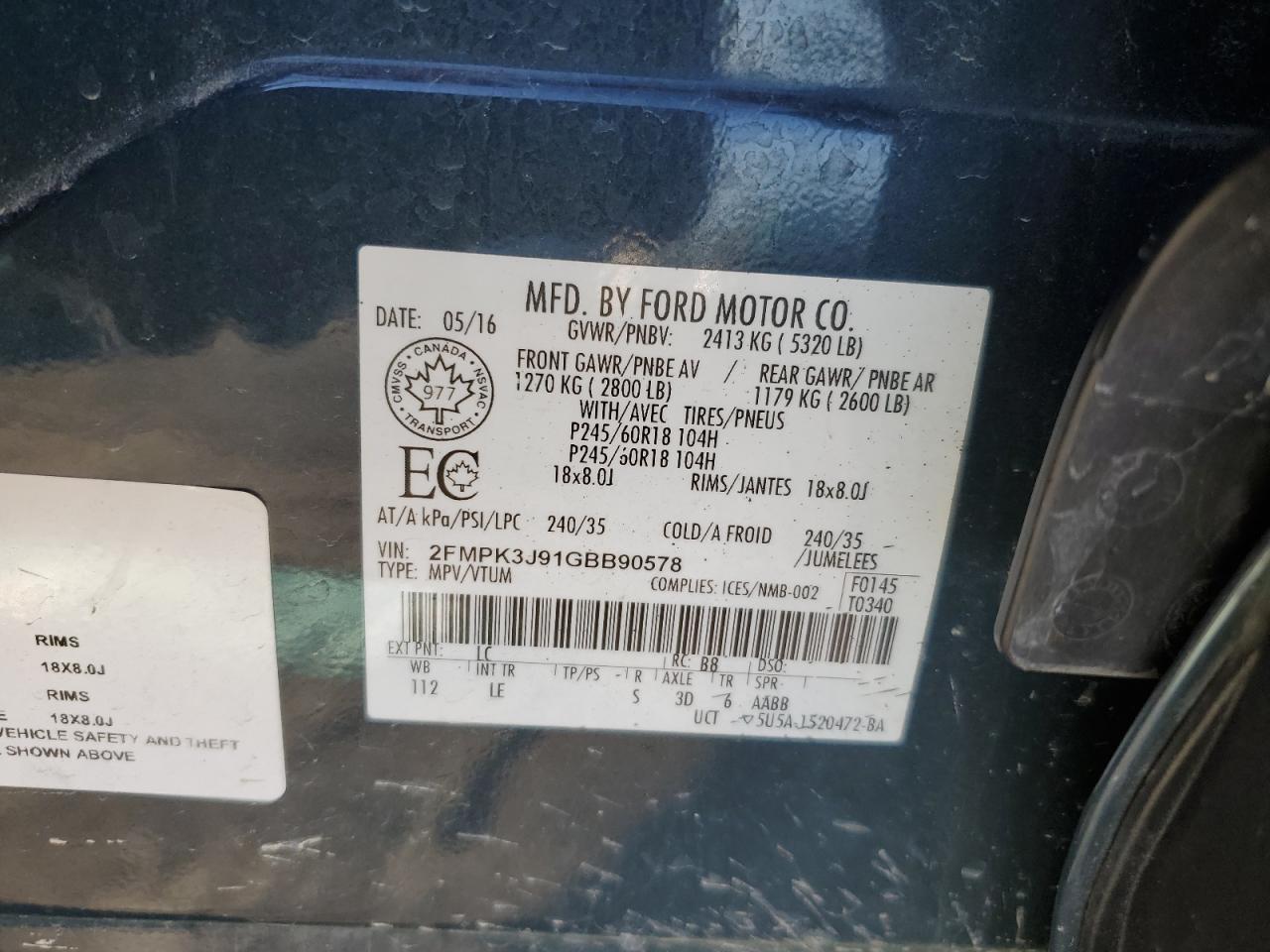 2016 Ford Edge Sel VIN: 2FMPK3J91GBB90578 Lot: 92705665