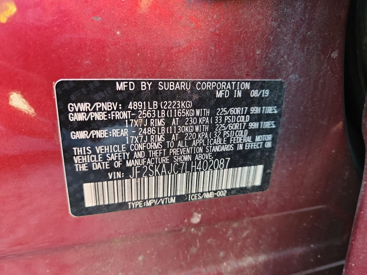 2020 Subaru Forester Premium VIN: JF2SKAJC7LH402087 Lot: 93055535