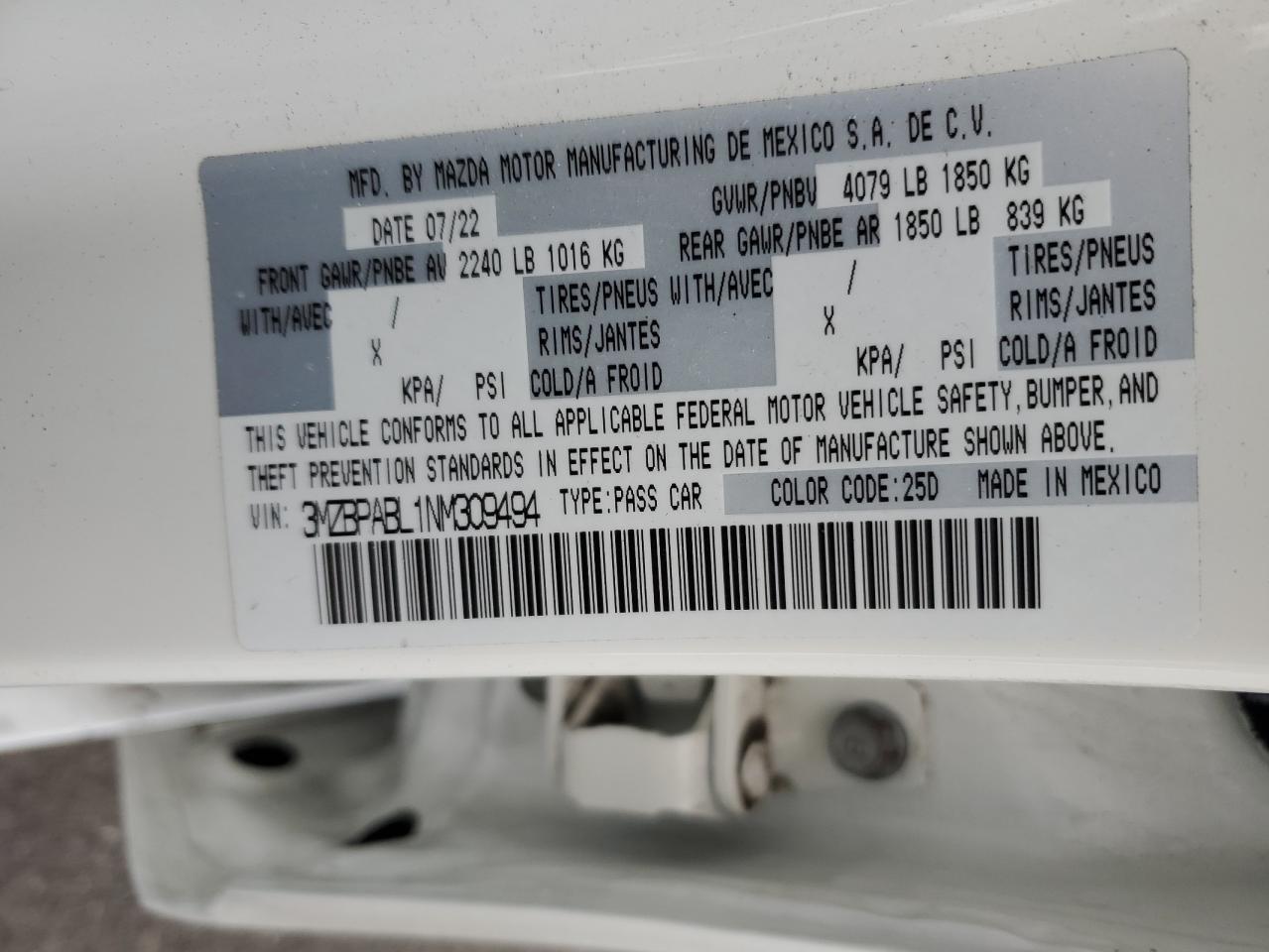 2022 Mazda 3 Select VIN: 3MZBPABL1NM309494 Lot: 91249725