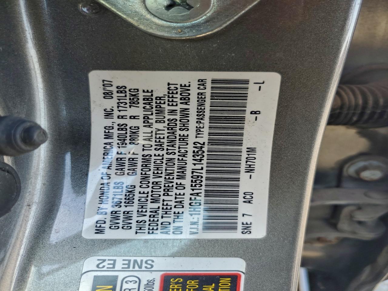 2007 Honda Civic Lx VIN: 1HGFA15597L143542 Lot: 93863085