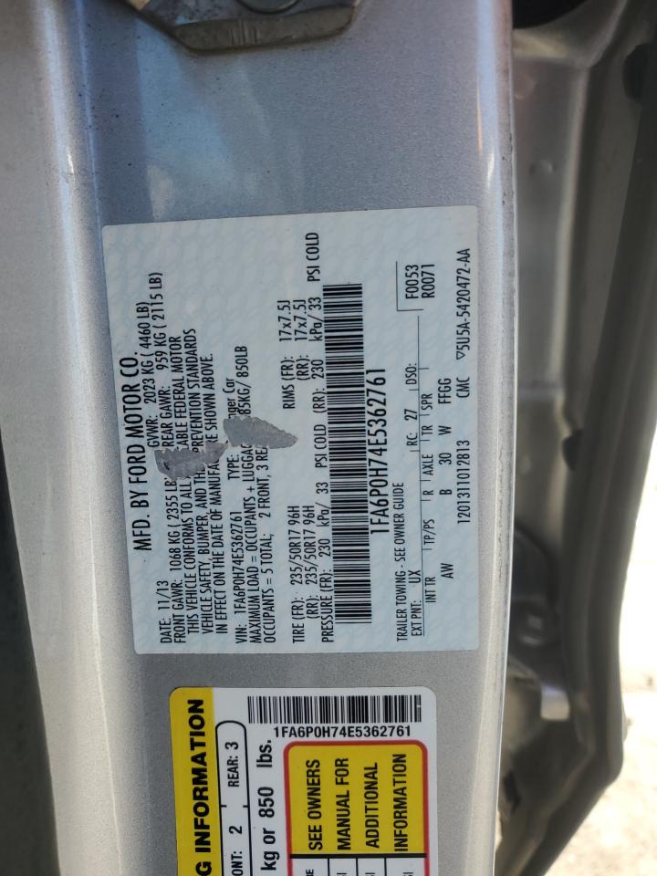 2014 Ford Fusion Se VIN: 1FA6P0H74E5362761 Lot: 92513945