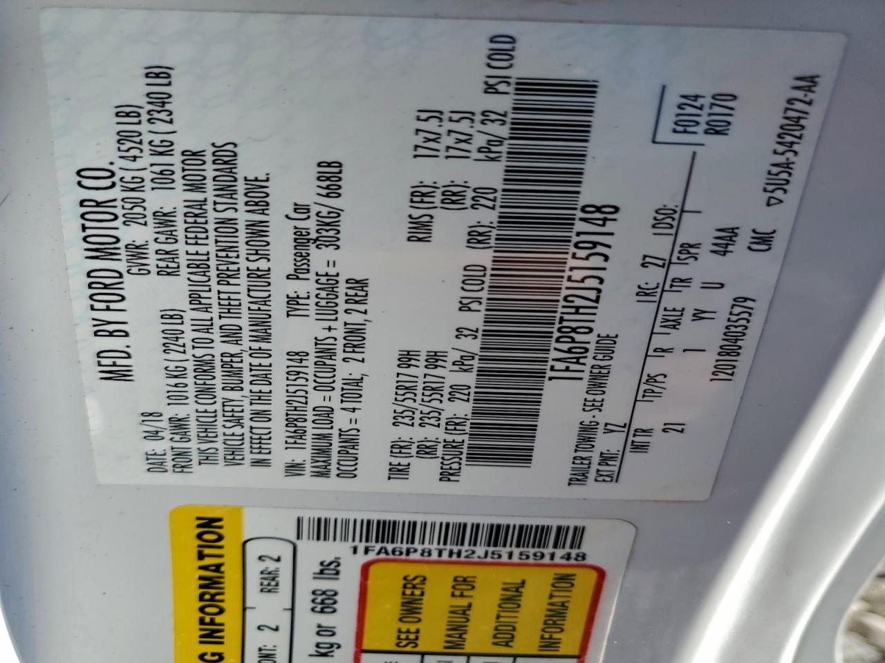 2018 Ford Mustang VIN: 1FA6P8TH2J5159148 Lot: 94485725