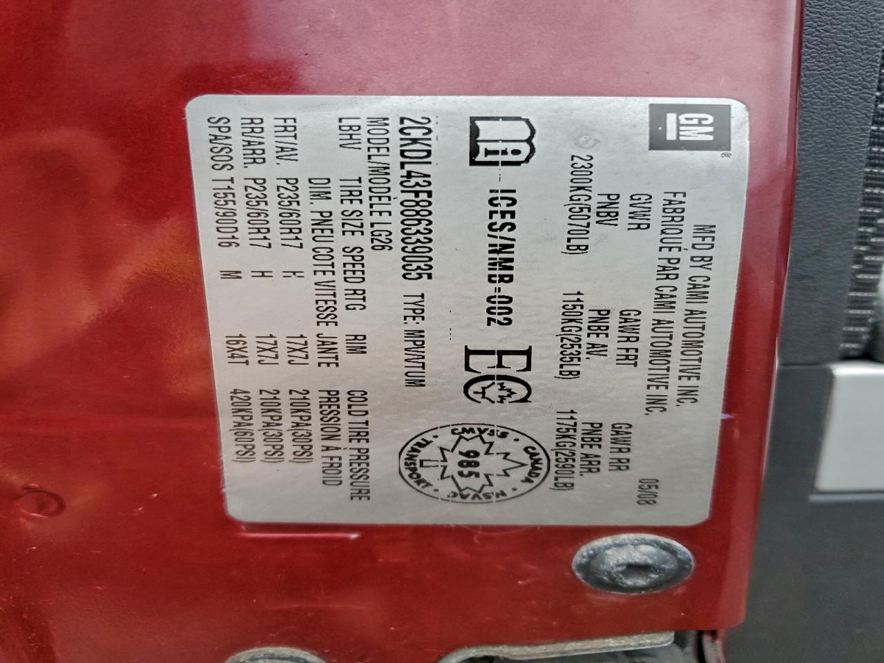 2008 Pontiac Torrent VIN: 2CKDL43F886339035 Lot: 94654545