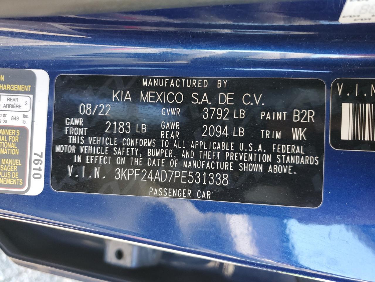 2023 Kia Forte Lx VIN: 3KPF24AD7PE531338 Lot: 91926095