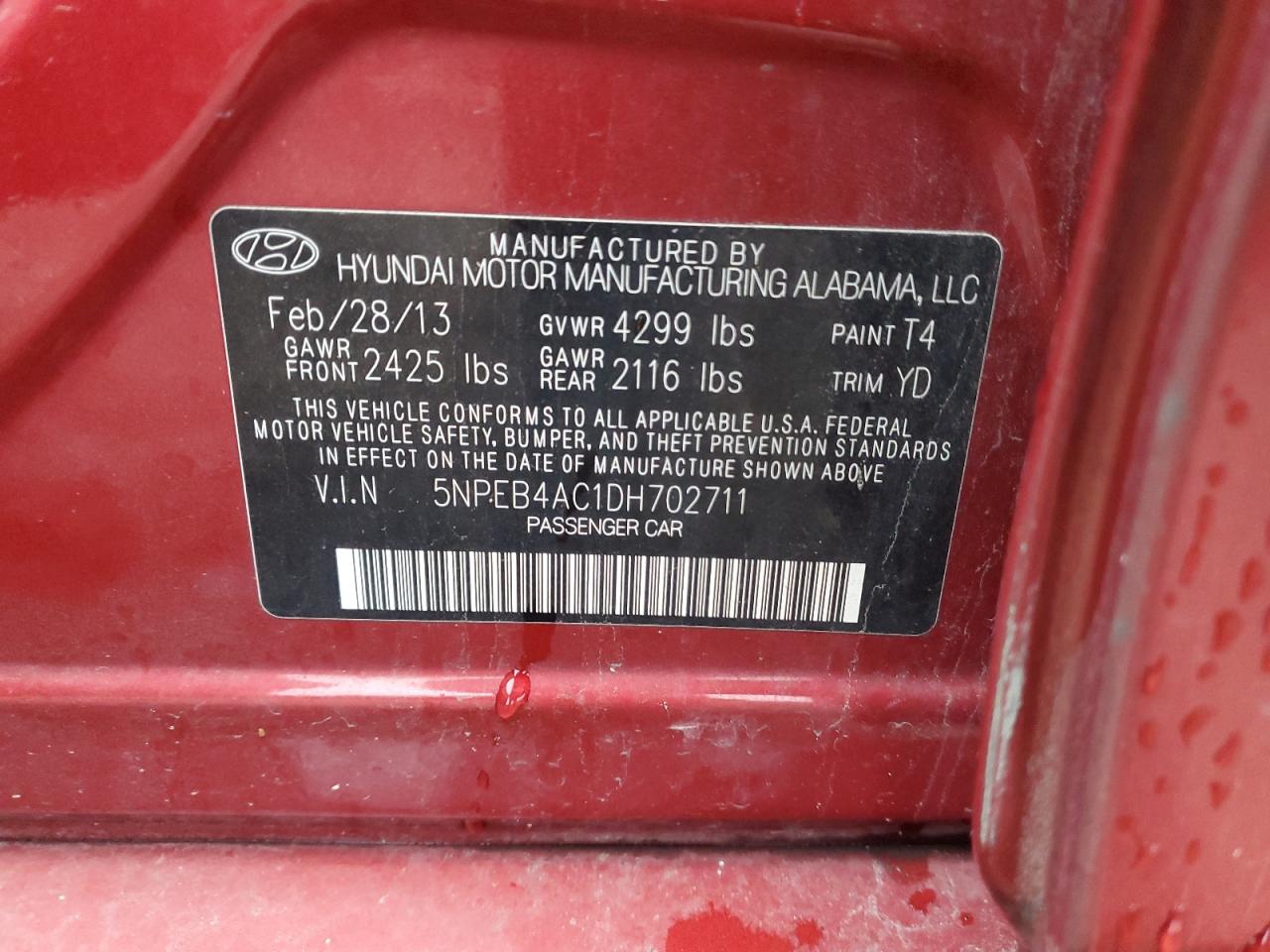 2013 Hyundai Sonata Gls VIN: 5NPEB4AC1DH702711 Lot: 92903445