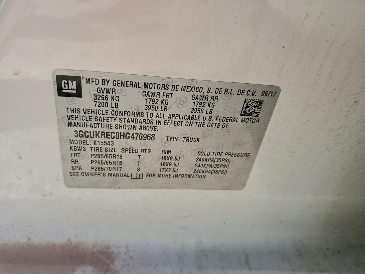 2017 Chevrolet Silverado K1500 Lt VIN: 3GCUKREC0HG476968 Lot: 94344405