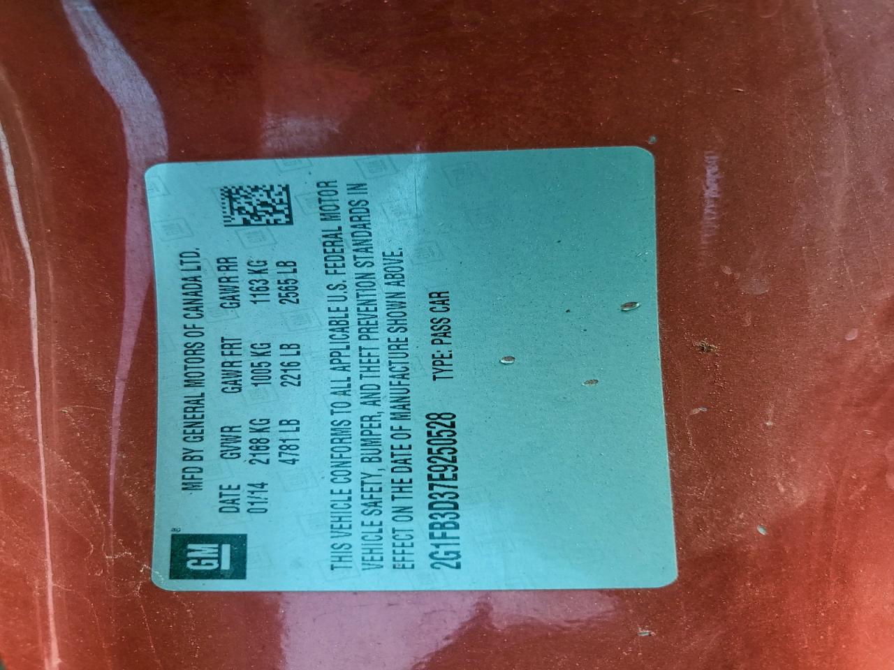 2014 Chevrolet Camaro Lt VIN: 2G1FB3D37E9250528 Lot: 94199845