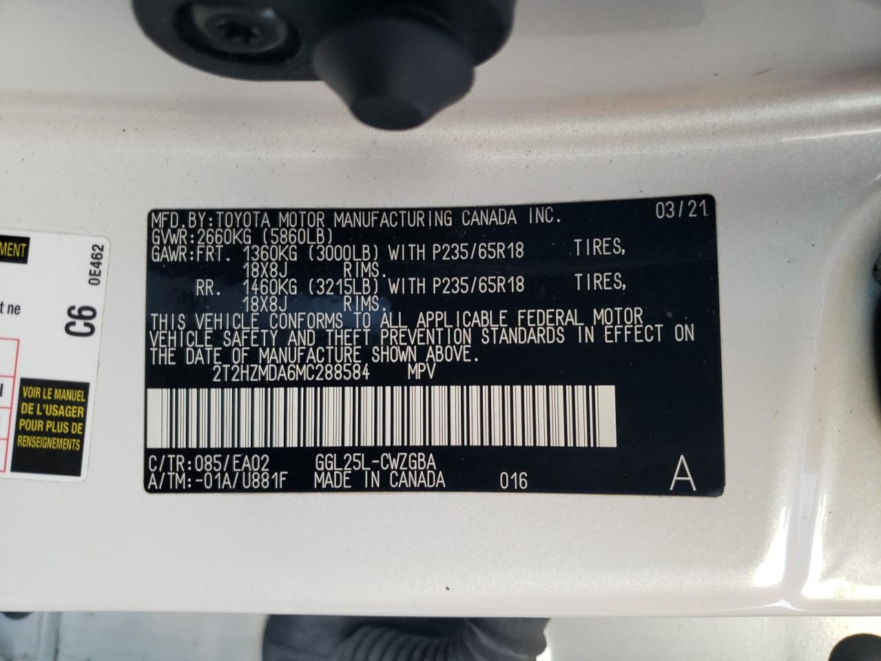 2021 Lexus Rx 350 VIN: 2T2HZMDA6MC288584 Lot: 93233735