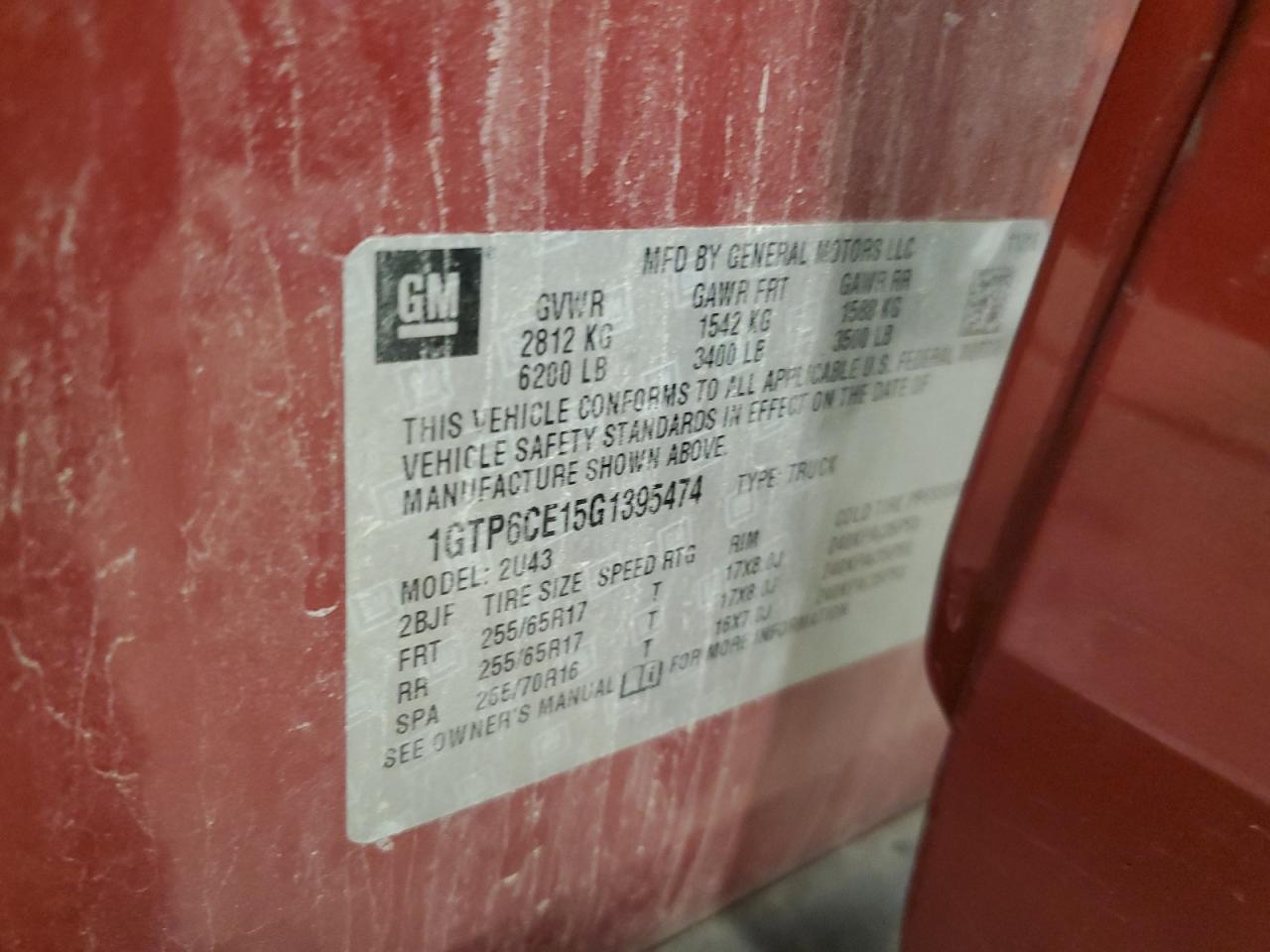 2016 GMC Canyon Sle VIN: 1GTP6CE15G1395474 Lot: 92406455