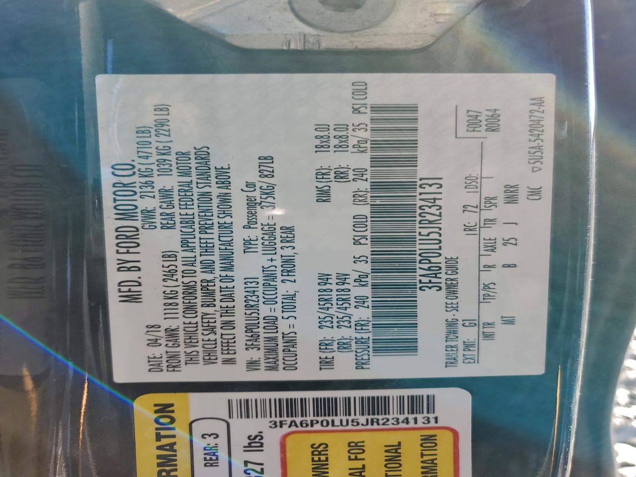 2018 Ford Fusion Se Hybrid VIN: 3FA6P0LU5JR234131 Lot: 94053705