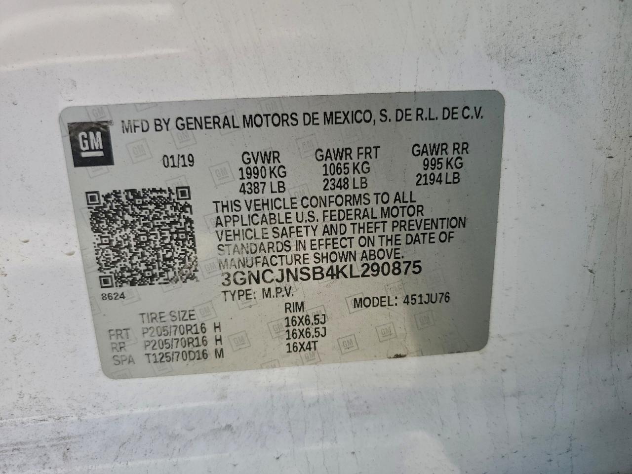 2019 Chevrolet Trax Ls VIN: 3GNCJNSB4KL290875 Lot: 90758685