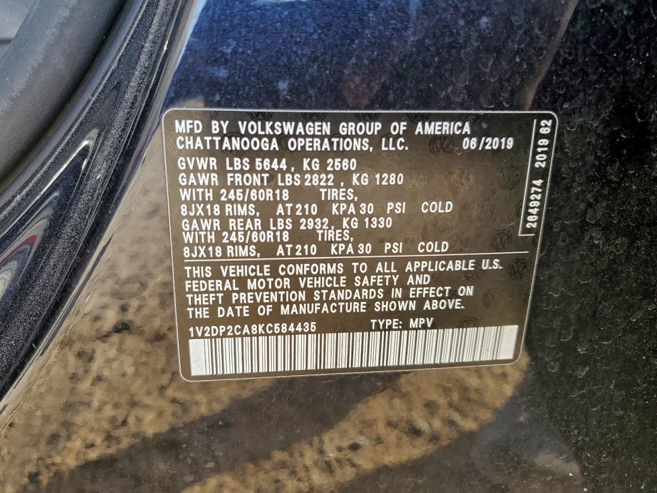 2019 Volkswagen Atlas Se VIN: 1V2DP2CA8KC584435 Lot: 94037245