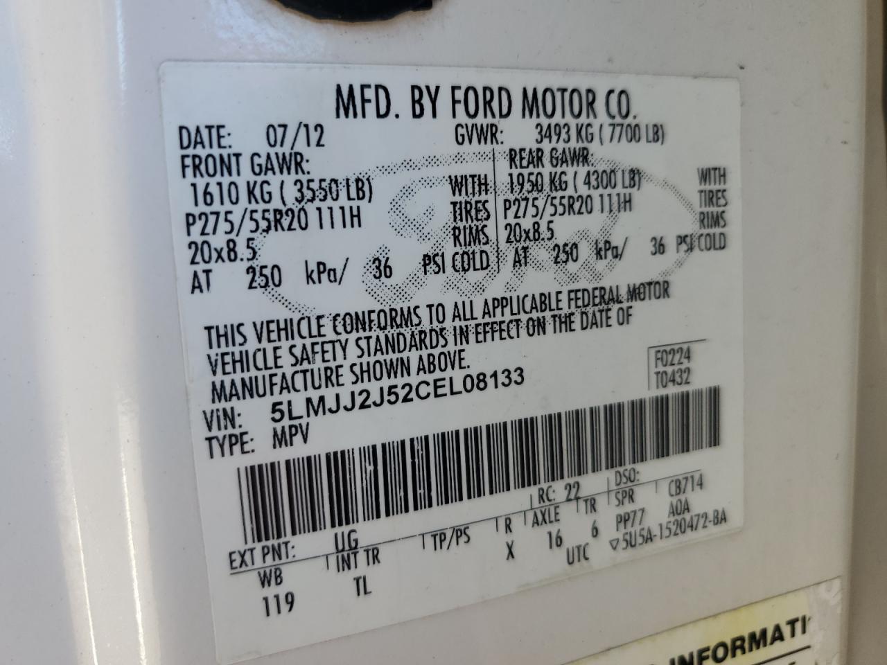 2012 Lincoln Navigator VIN: 5LMJJ2J52CEL08133 Lot: 92127285