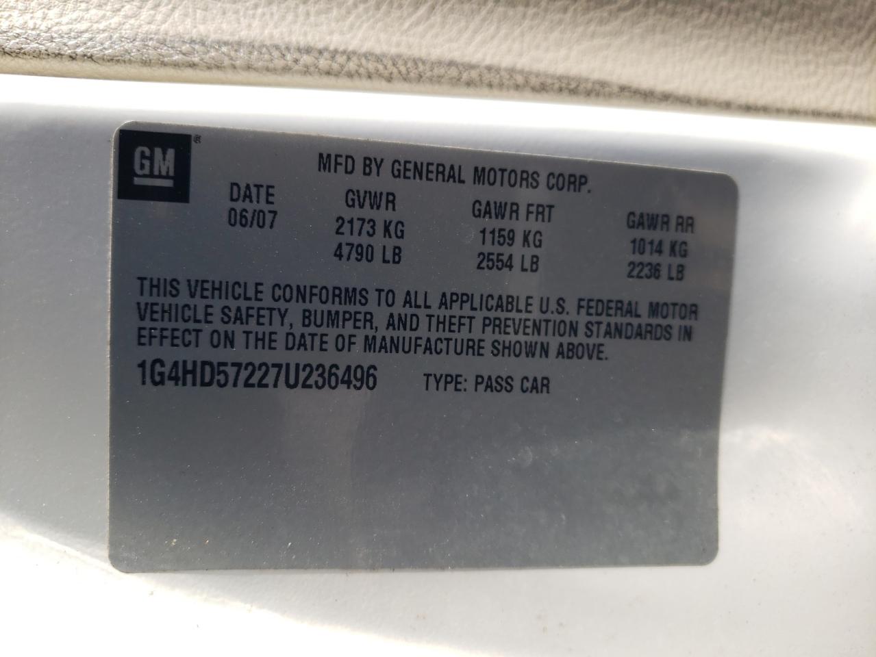 2007 Buick Lucerne Cxl VIN: 1G4HD57227U236496 Lot: 92175345