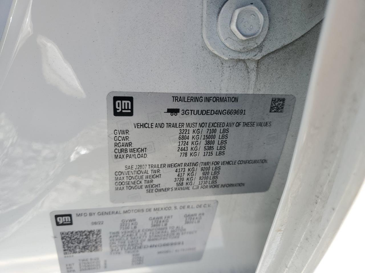 2022 GMC Sierra K1500 Slt VIN: 3GTUUDED4NG669691 Lot: 91384925