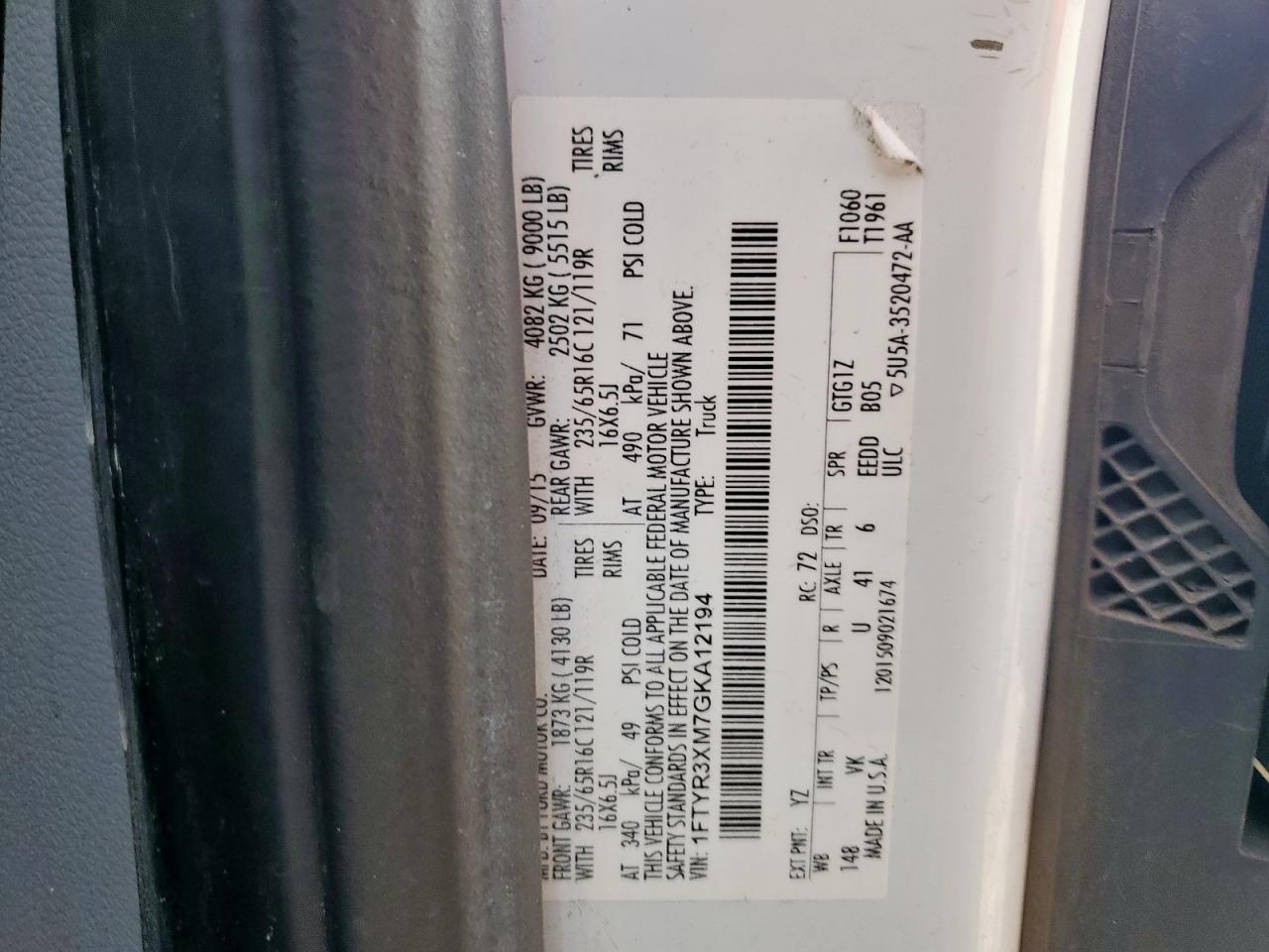 2016 Ford Transit T-250 VIN: 1FTYR3XM7GKA12194 Lot: 91131785