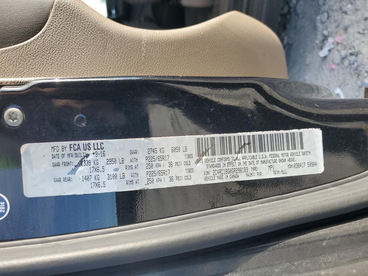 2016 Chrysler Town & Country Touring VIN: 2C4RC1BG0GR296183 Lot: 93062615