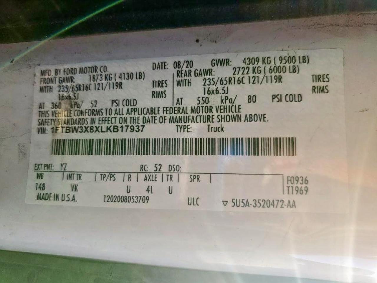 2020 Ford Transit Delivery Van VIN: 1FTBW3X8XLKB17937 Lot: 90278435