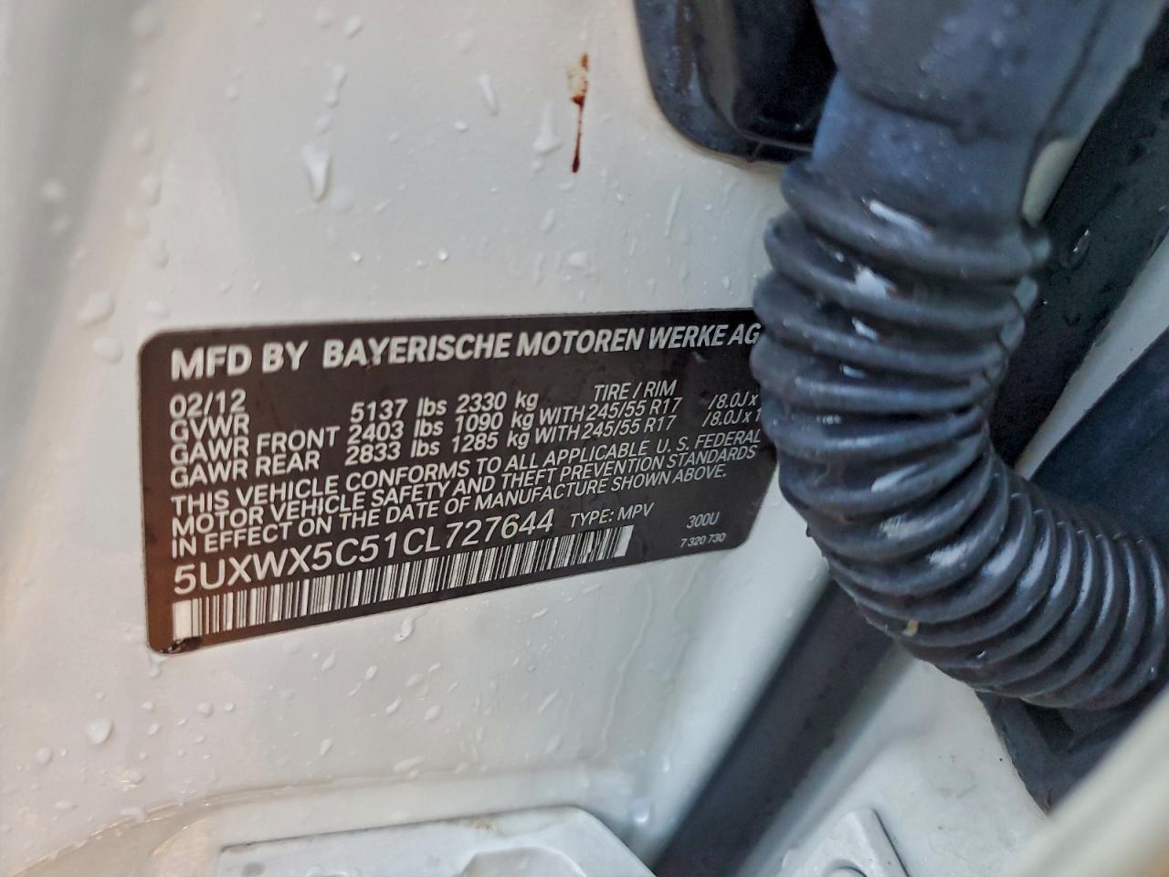 2012 BMW X3 xDrive28I VIN: 5UXWX5C51CL727644 Lot: 94597495