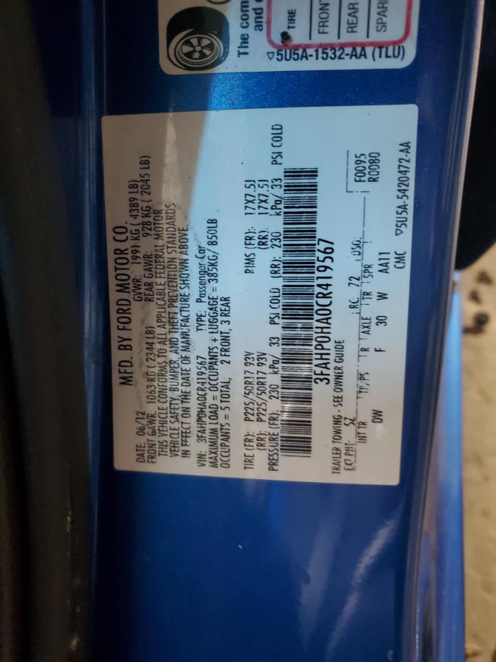 2012 Ford Fusion Se VIN: 3FAHP0HA0CR419567 Lot: 91942265