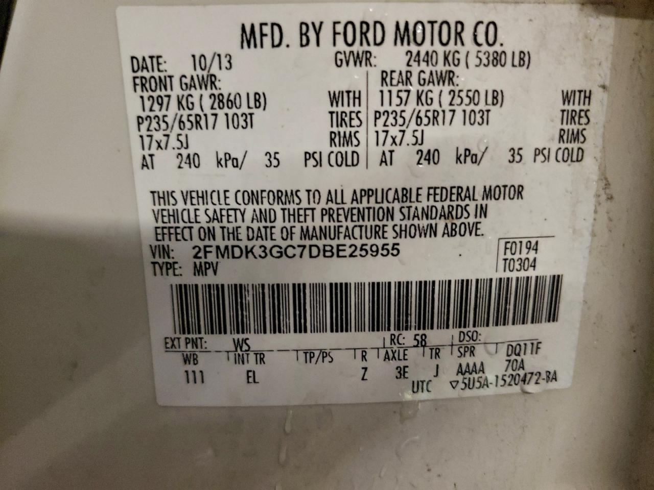 2013 Ford Edge Se VIN: 2FMDK3GC7DBE25955 Lot: 94760715