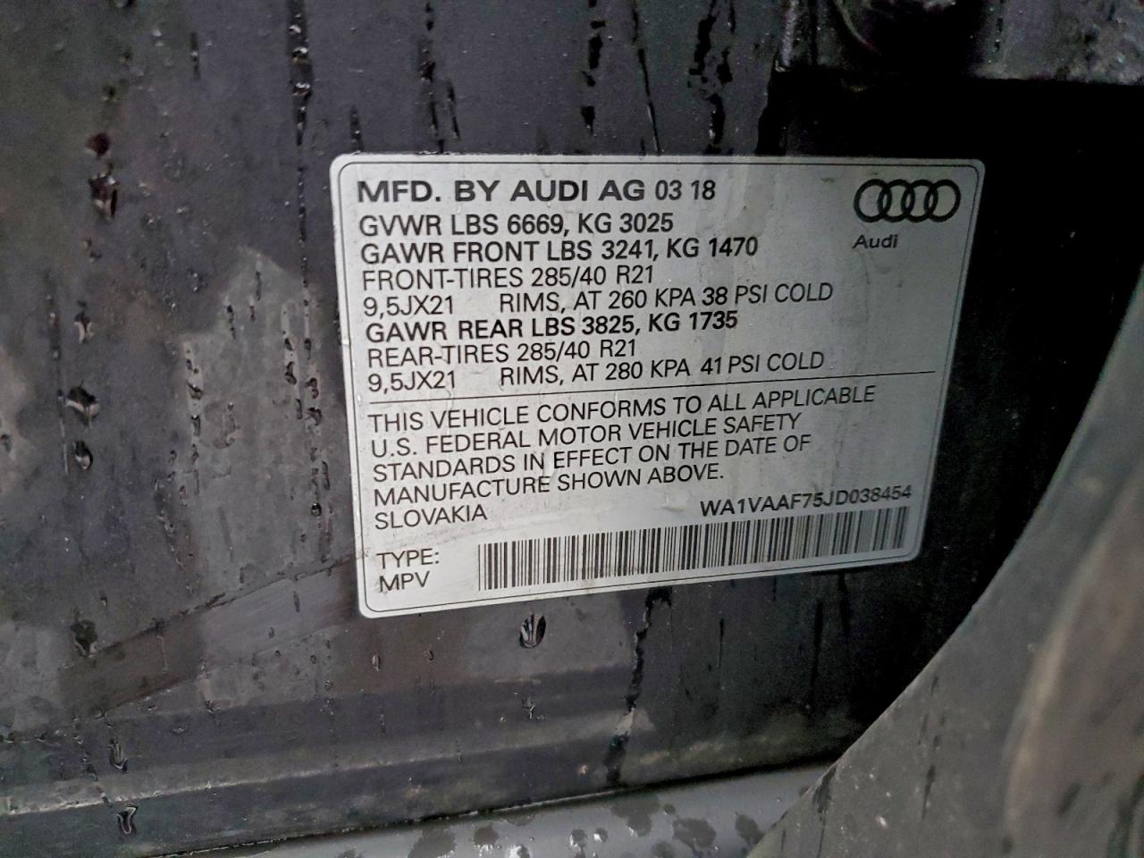 2018 Audi Q7 Prestige VIN: WA1VAAF75JD038454 Lot: 94410665