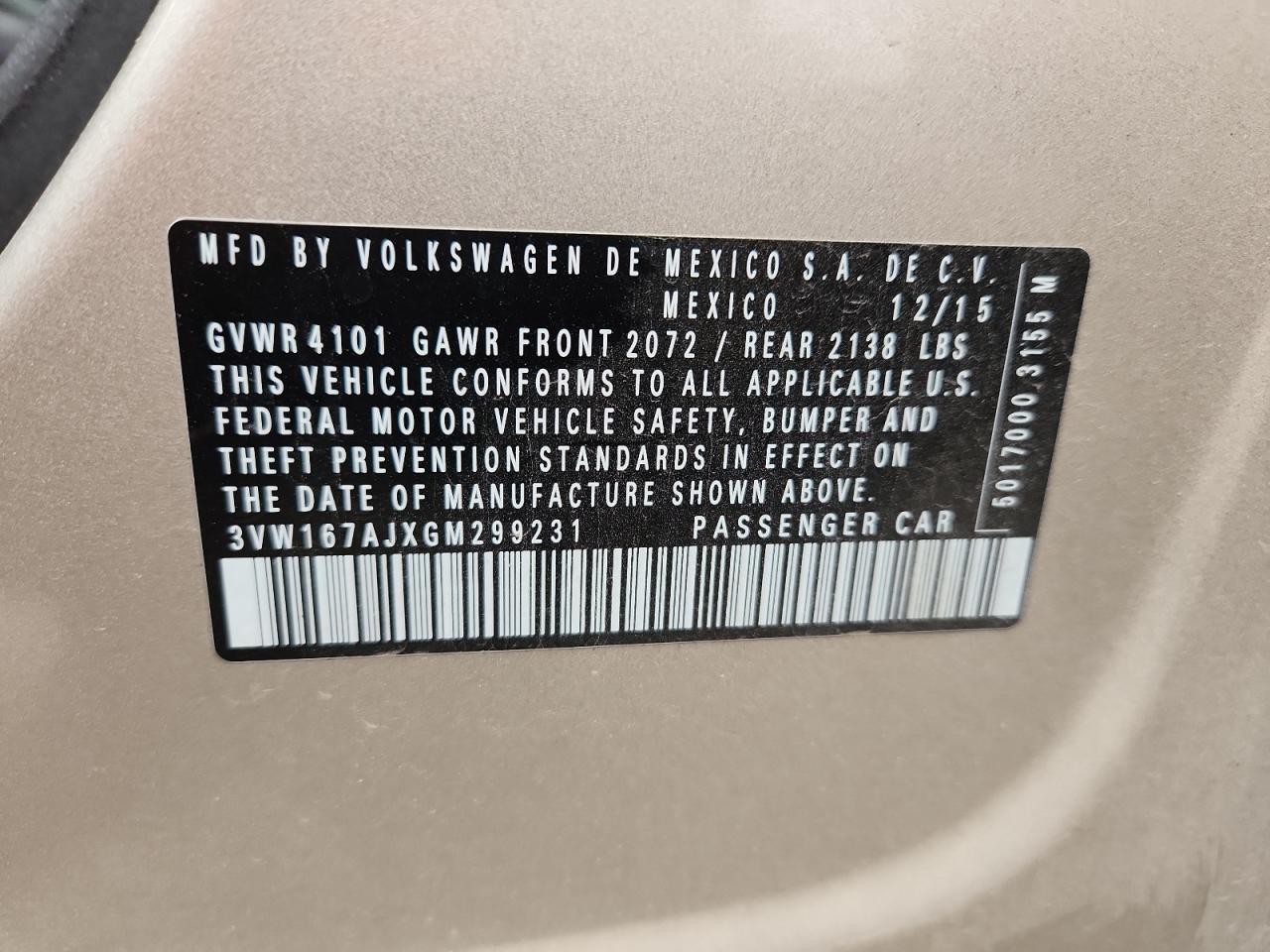 2016 Volkswagen Jetta S VIN: 3VW167AJXGM299231 Lot: 92830335