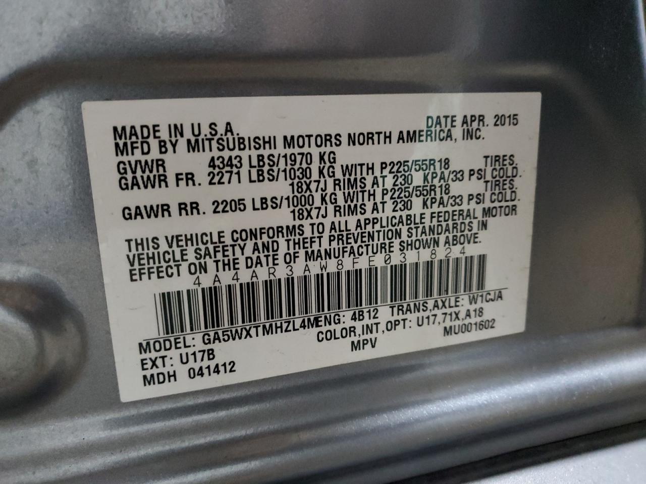 2015 Mitsubishi Outlander Sport Es VIN: 4A4AR3AW8FE031824 Lot: 92064985