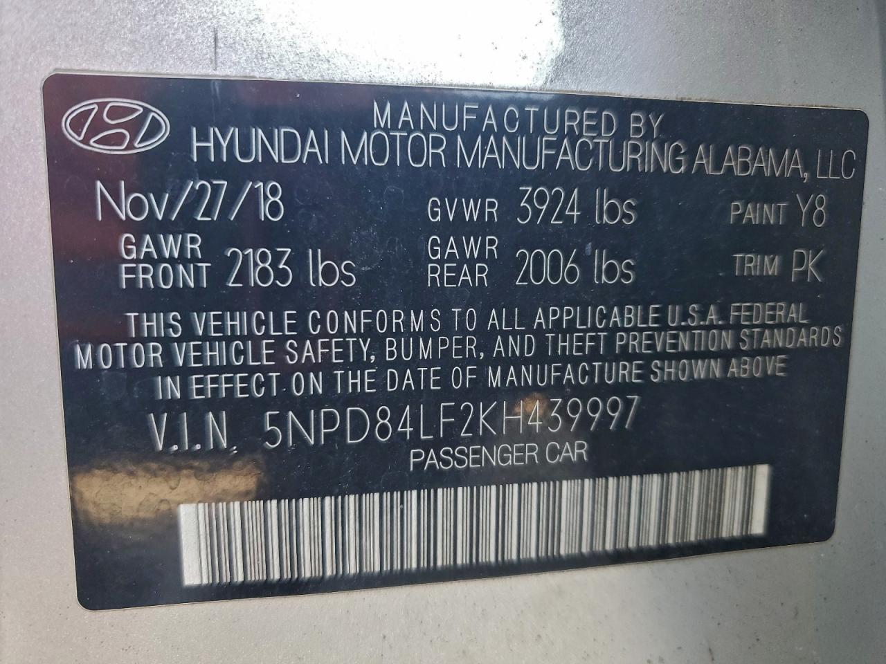 2019 Hyundai Elantra Sel VIN: 5NPD84LF2KH439997 Lot: 94352215