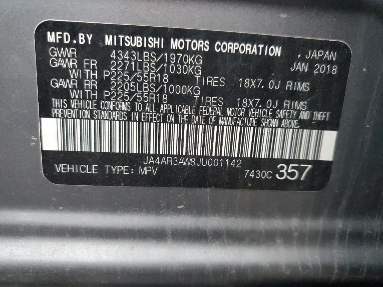 2018 Mitsubishi Outlander Sport Es VIN: JA4AR3AW8JU001142 Lot: 90824815