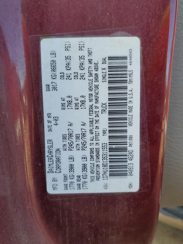 2003 Dodge Ram 1500 St VIN: 1D7HU18D13S311553 Lot: 92273195