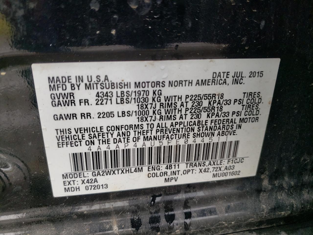 2015 Mitsubishi Outlander Sport Se VIN: 4A4AP4AU5FE044511 Lot: 92130185