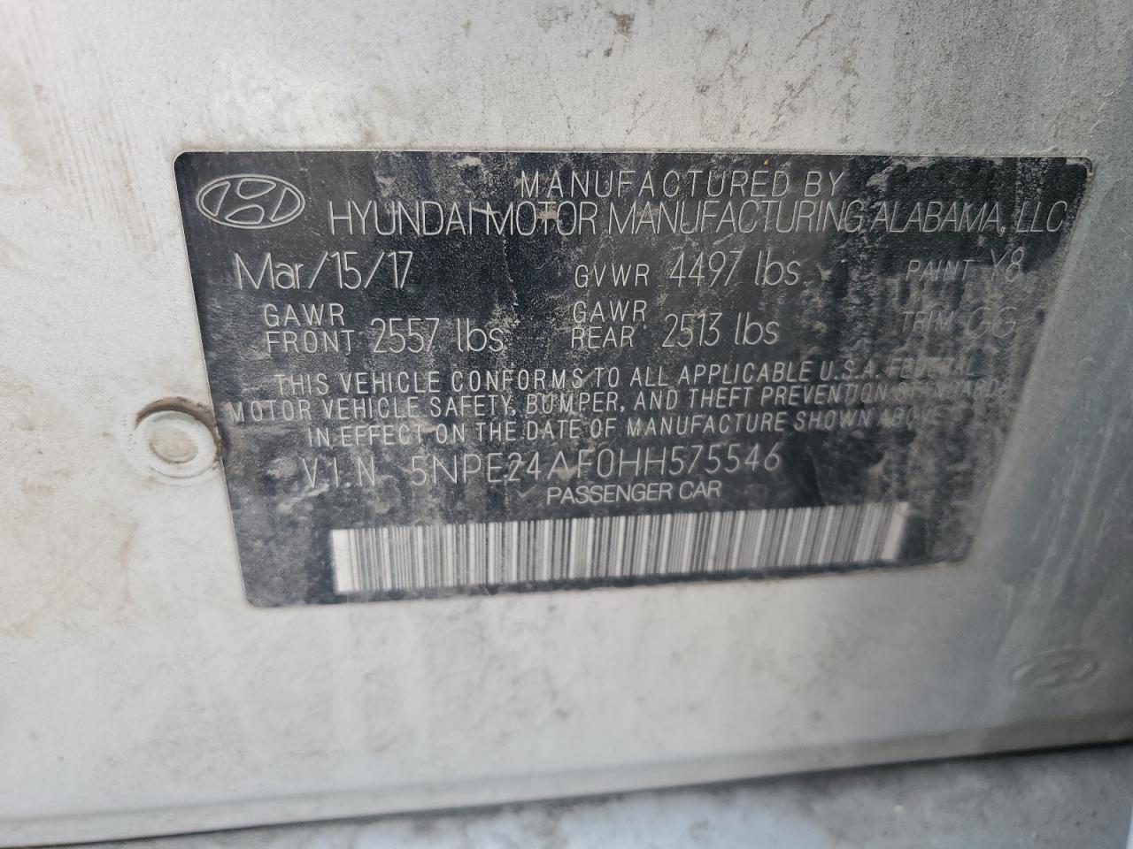 2017 Hyundai Sonata Se VIN: 5NPE24AF0HH575546 Lot: 91967565