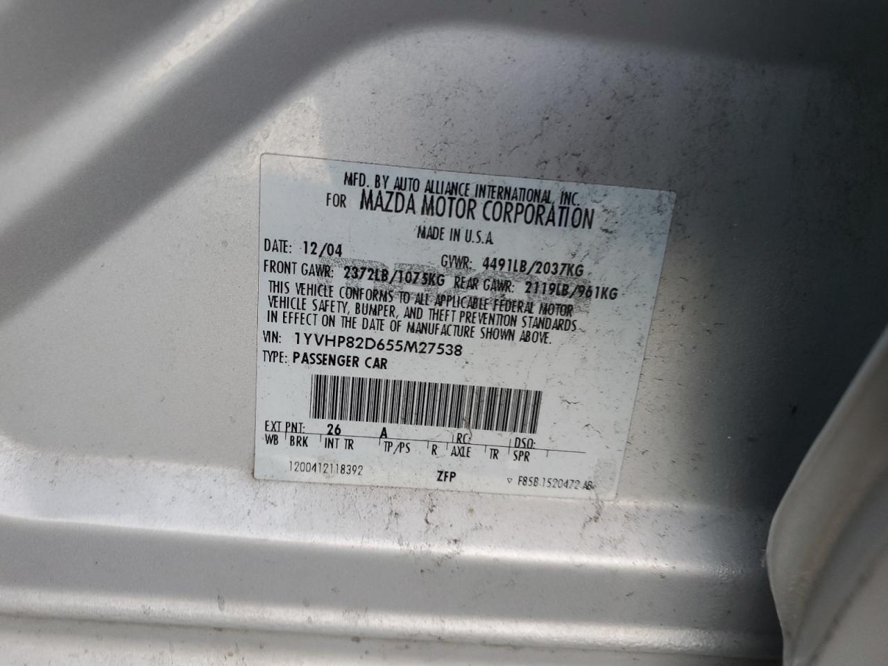 2005 Mazda 6 S VIN: 1YVHP82D655M27538 Lot: 91353455