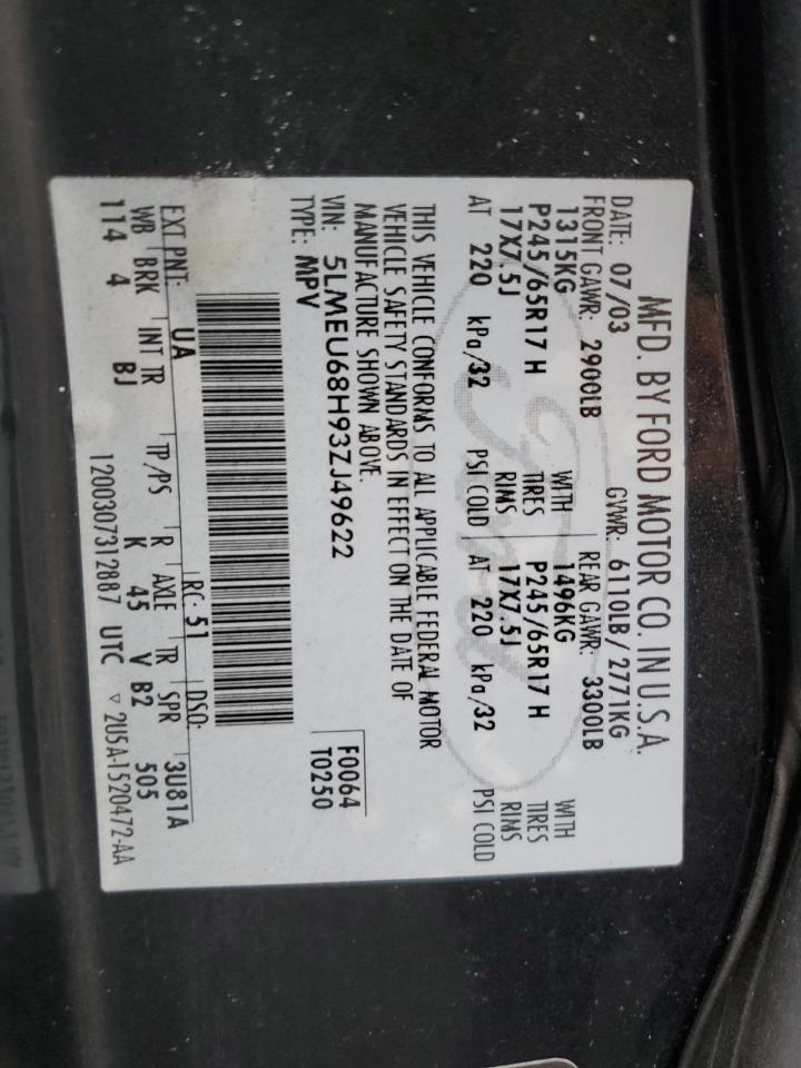 2003 Lincoln Aviator VIN: 5LMEU68H93ZJ49622 Lot: 93193175