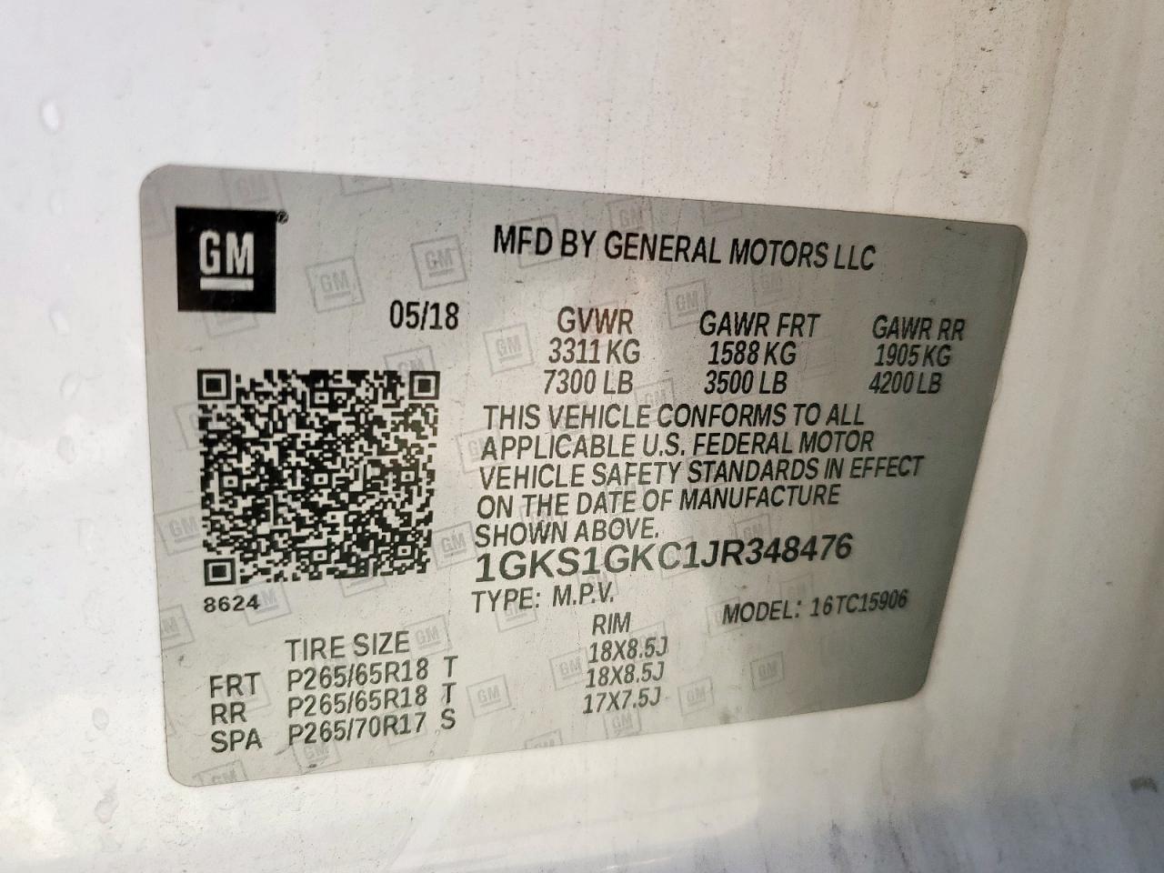 2018 GMC Yukon Xl C1500 Slt VIN: 1GKS1GKC1JR348476 Lot: 91740085