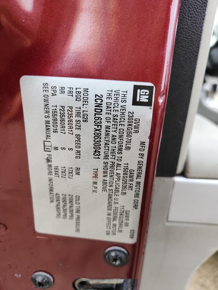 2008 Chevrolet Equinox Lt VIN: 2CNDL63FX86300431 Lot: 91010085