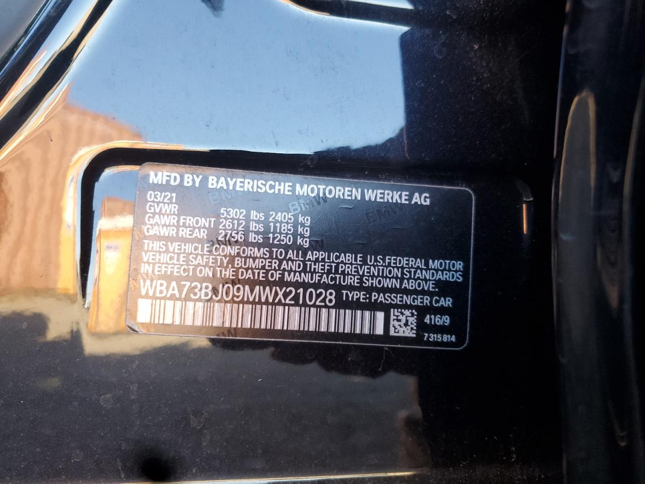 2021 BMW 540 Xi VIN: WBA73BJ09MWX21028 Lot: 92428965