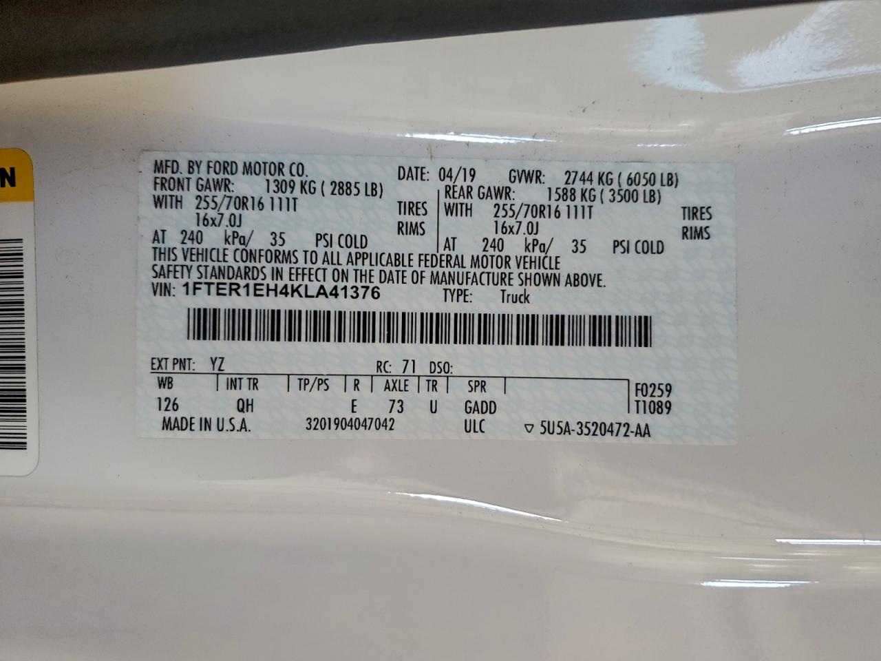 2019 Ford Ranger Xl VIN: 1FTER1EH4KLA41376 Lot: 94288235