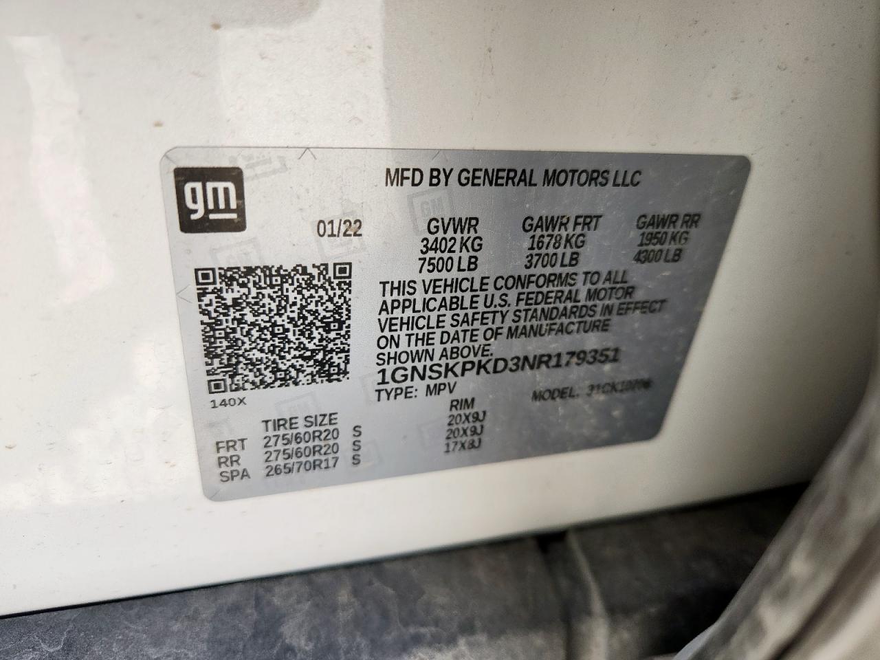 2022 Chevrolet Tahoe K1500 Z71 VIN: 1GNSKPKD3NR179351 Lot: 92877775